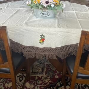Adorable Vintage Round Tablecloth Embroidered Strawberries 72” Diameter